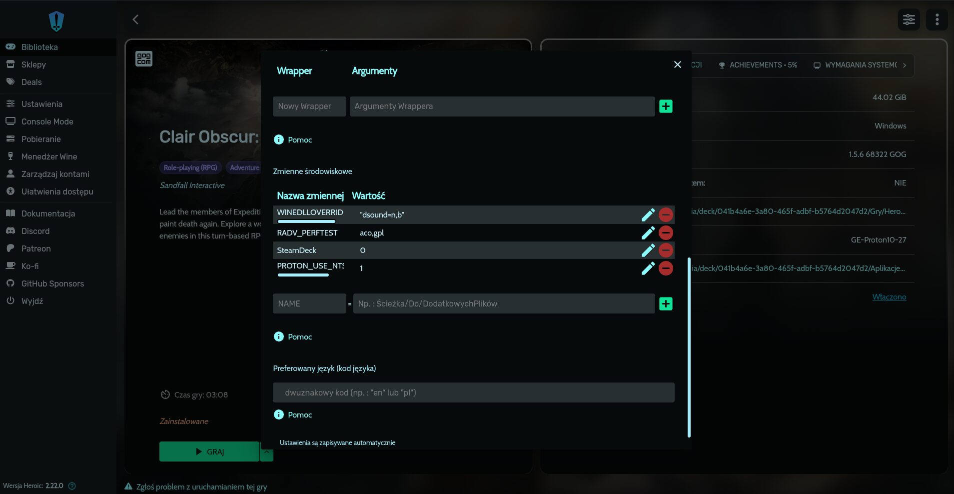 heroic games launcher clair obscure settings